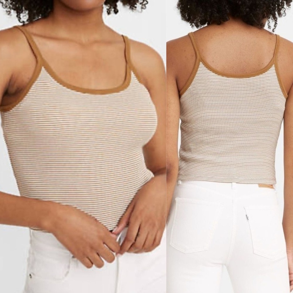 Levis Takeout Striped Crop Tank Top, Ribbed Knit Striped Camisole Tan Size Large
